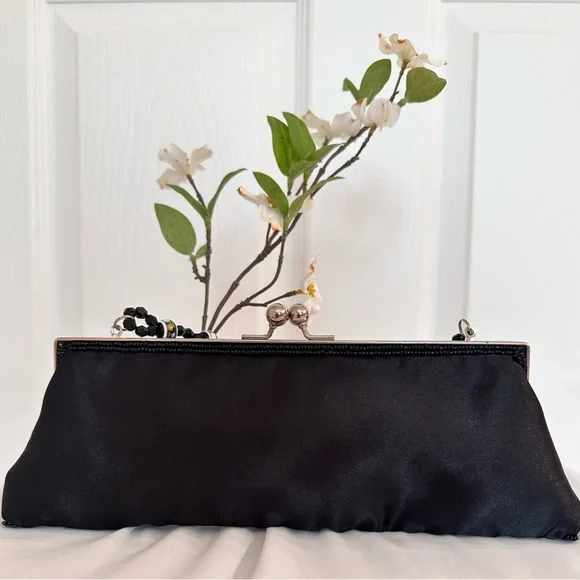 CHATEAU ~ Handmade Embroidered Sequined Black Satin Clutch with Beaded Strap - Picture 6 of 9